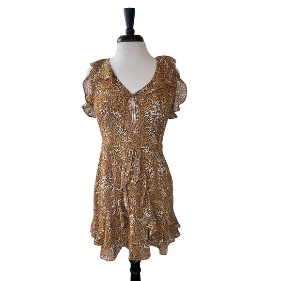 Staud Animal Print Tie Waist Ruffle V-neck Mini Fit Flare Dress Women Sz. Medium - Picture 1 of 11